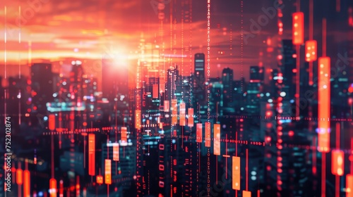 Wallpaper Mural Abstract glowing big data forex candlestick chart on blurry city backdrop. Trade, technology, investment and analysis concept. Double exposure Torontodigital.ca