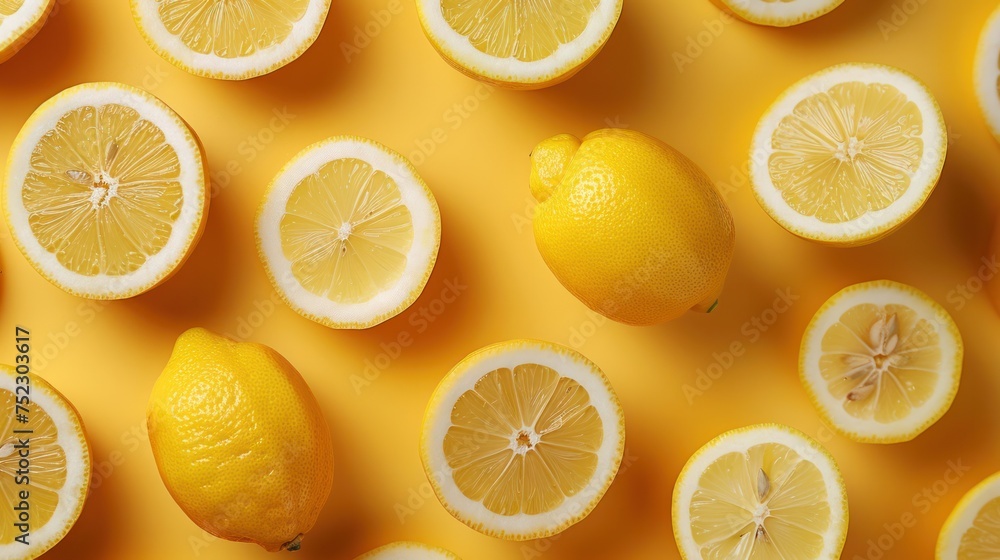 Top view and Close-up of lemon fruit in flat lay pattern on yellow background, Generative AI Top view and Close-up of lemon fruit in flat lay pattern on yellow background, Generative AI