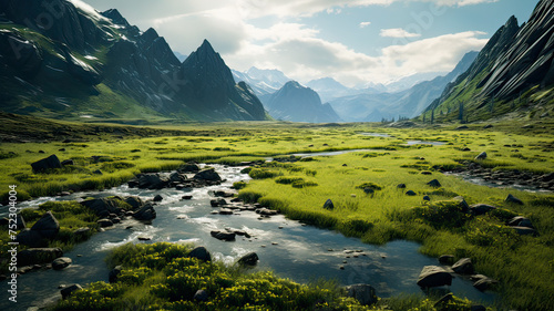 Majestic  grand green expanse  winding river  rocky terrain  misty mountains with snowy tips afar.