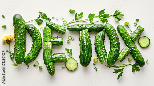 A group of cucumbers arranged to spell the word fresh in a creative display of freshness and healthy eating