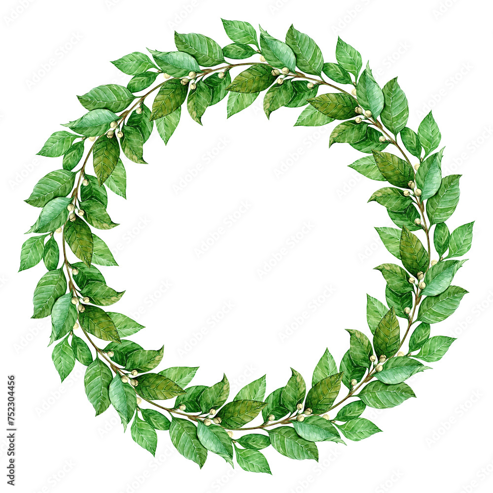 Naklejka premium Laurel wreath. Round frame with green leaves. Hand drawn watercolor illustration. Frame for invitations, congratulations, photos, text. Antique symbol of victory, winning.