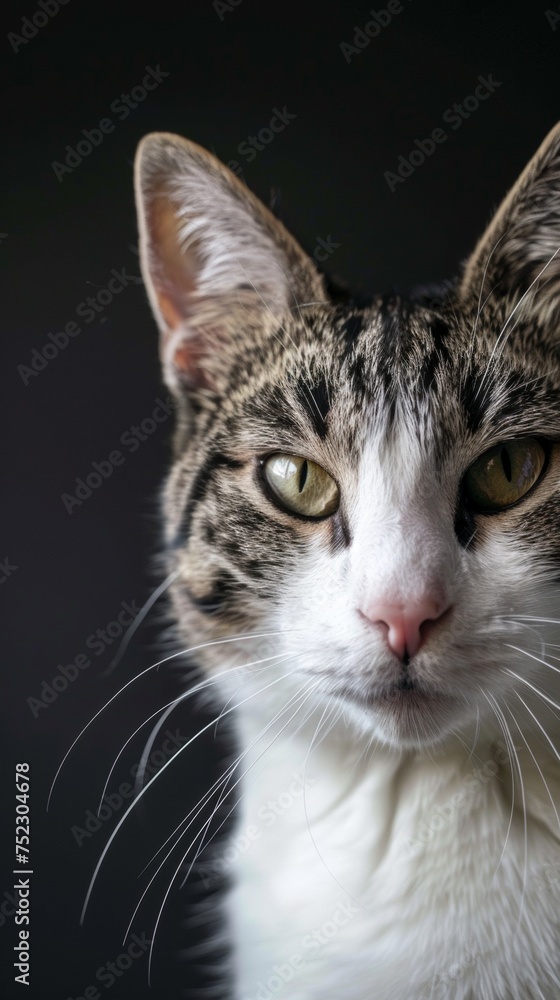 a white striped cat portrait looking direct in camera with low-light, black backdrop