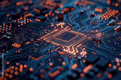 Computer technology image with circuit board background by AI generated image photo