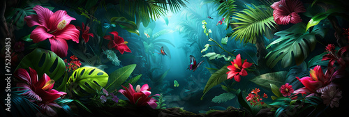 A vibrant jungle filled with colorful flowers and lush plants, creating a lively and enchanting scene, banner