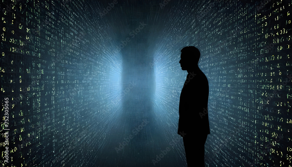 Futuristic banner, silhouette of a man in a blue color background with a backdrop of digital binary cording and backlit effect, bright light to highlight the shape of person  