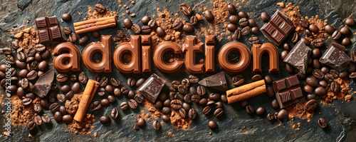 Conceptual image of addiction spelled with chocolate letters amidst scattered coffee beans, dark chocolate pieces, and cocoa on a textured surface