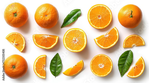 Set of ripe whole and sliced oranges, isolated on white background, Generative AI
