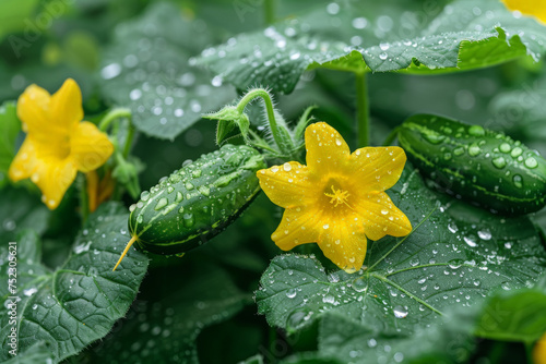 A lush green plant glistens under the sunlight  adorned with delicate water droplets that enhance its natural beauty