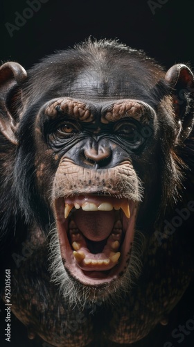 an aggressive growling Chimpanzee close-up portrait looking direct in camera. Chimpanzee baring teeth  black background