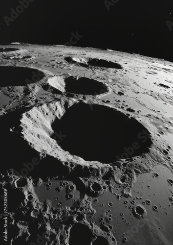 A close-up view of the surface of the moon. Craters on the moon.