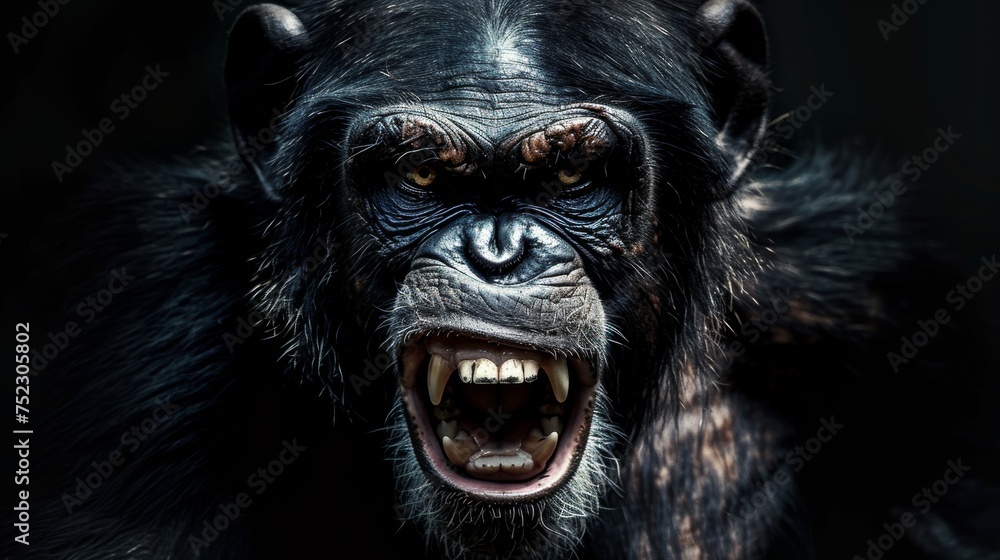 an aggressive growling Chimpanzee close-up portrait looking direct in camera. Chimpanzee baring teeth, black background