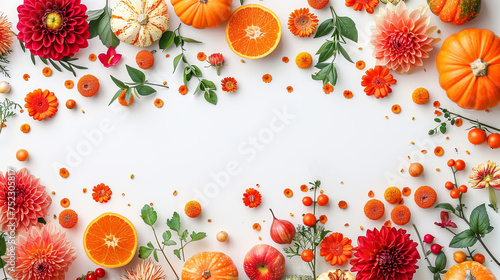 A vibrant arrangement of oranges and flowers resting elegantly on a pristine white surface