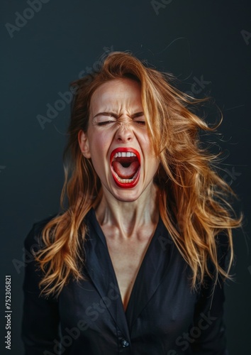 Portrait of a young woman who screams.