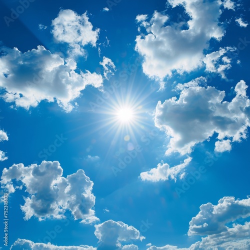 View of the sun in the blue sky with clouds.