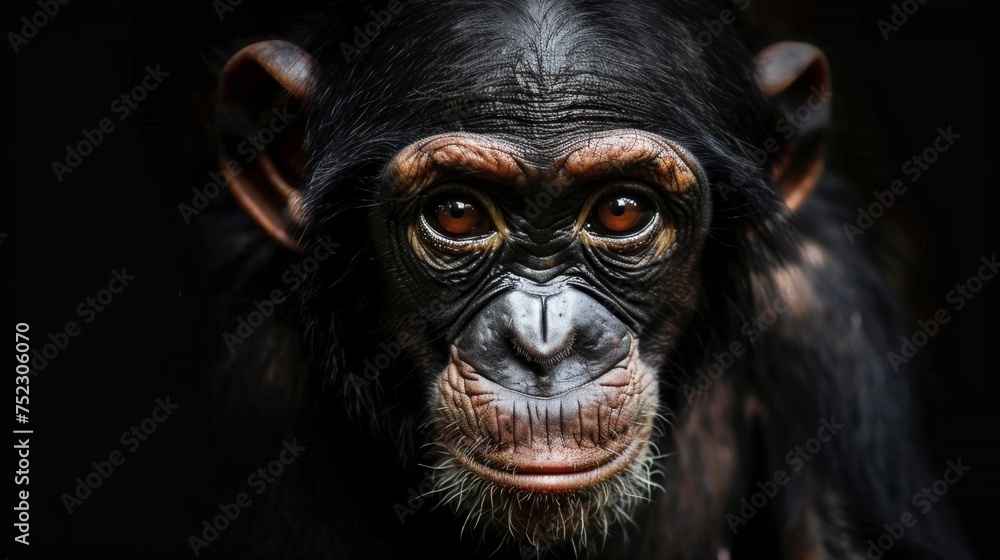 a chimpanzee close-up portrait looking direct in camera with low-light, black backdrop. Close-up of a chimpanzee's face, intense gaze, dark background.