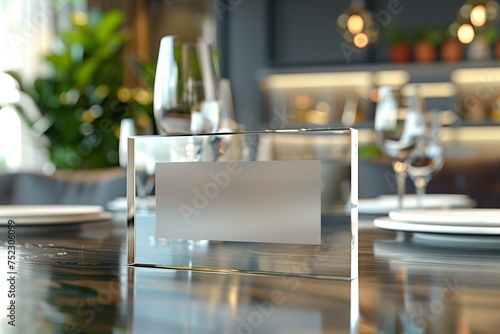 A sleek and modern frosted glass name tag or place card mockup, crafted from transparent acrylic, exuding sophistication and minimalism for elegant reception messages and refined table displays.