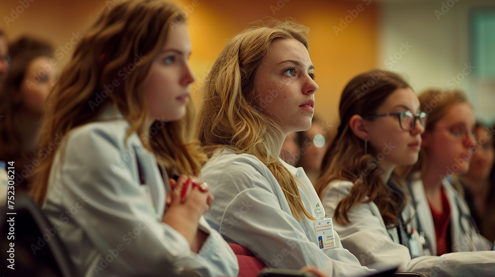 Group of female doctors discussing something while sitting at the table. Medicine and health care concept.Group of medical students in a lecture hall. Selective focus. Group of female doctors discussing something while sitting at the table. Medicine and health care concept.Group of medical students in a lecture hall. Selective focus.
