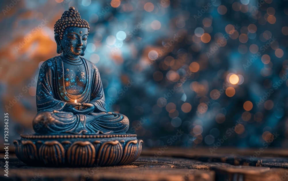 Fototapeta premium Meditate with the Buddha statue, surrounded by the cosmos and illuminated by glowing chakras, for a cosmic spiritual experience.