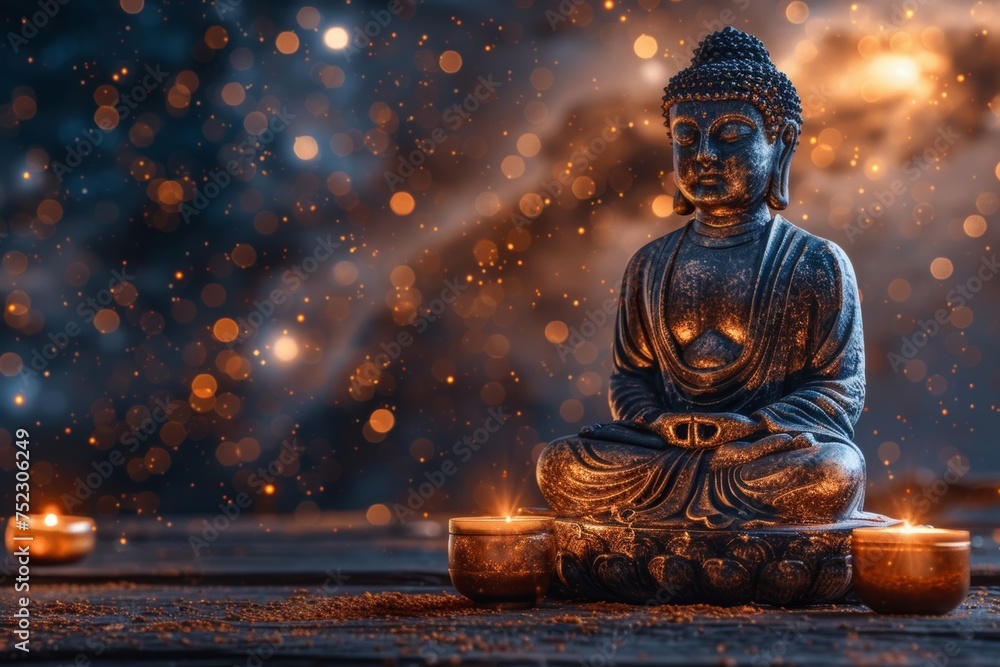 Obraz premium Meditate with the Buddha statue, surrounded by the cosmos and illuminated by glowing chakras, for a cosmic spiritual experience.