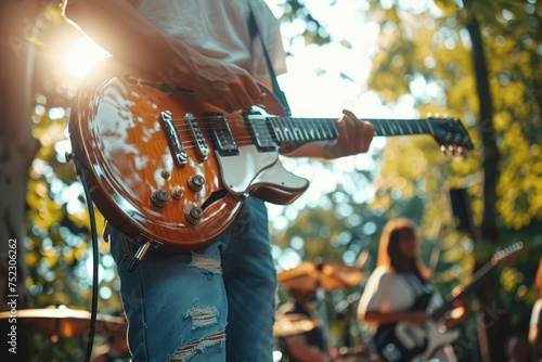 Fototapeta Naklejka Na Ścianę i Meble -  Young man strums guitar surrounded by friends, enjoying live music in the park.