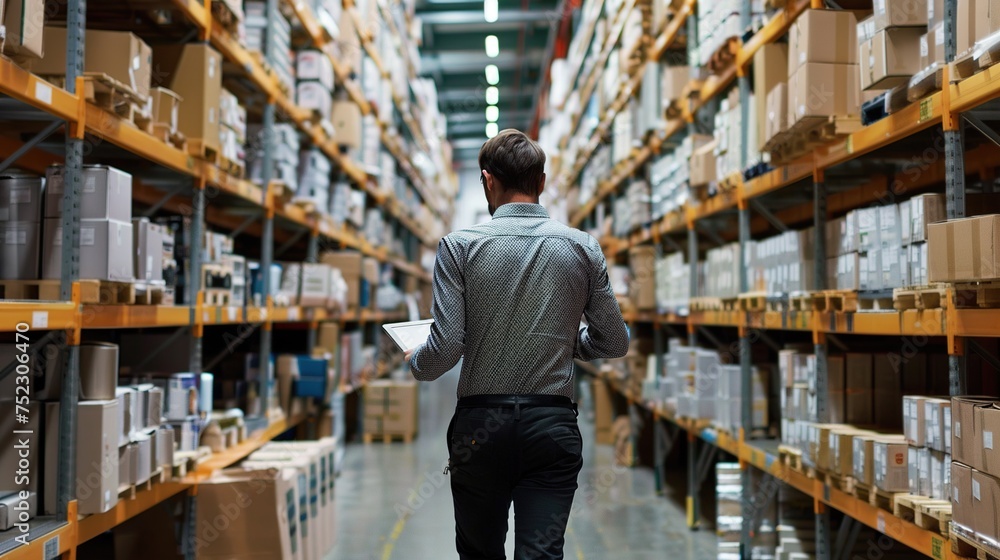 A man checks the stock of goods in the warehouse, ensuring efficient inventory management.