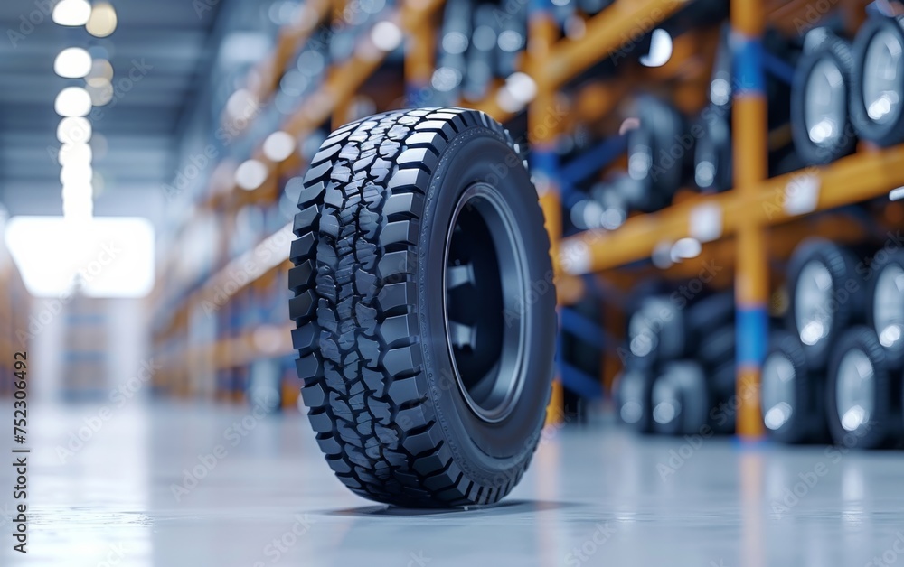 Fresh tire added to warehouse's rack, ready for vehicle use. Fresh tire added to warehouse's rack, ready for vehicle use.