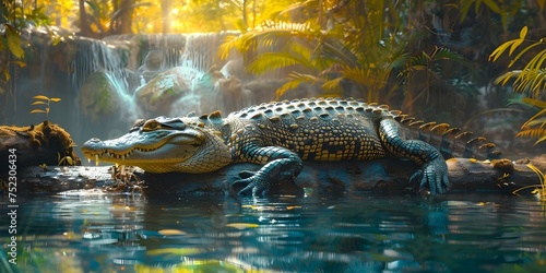 A crocodile explores a lush jungle tree with cascading water around. Concept Wildlife Photography  Natural Habitat  Jungle Adventure  Reptile Encounter  Nature Exploration