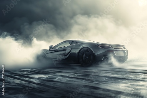A high-octane display of a sports car executing a controlled drift on a racing circuit, the pavement beneath adorned with tire marks and a cloud of smoke rising.