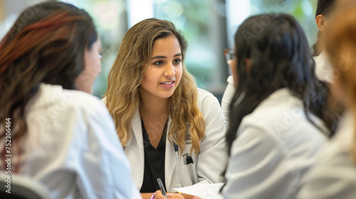 Group of female doctors discussing something while sitting at the table. Medicine and health care concept.Group of medical students in a lecture hall. Selective focus.