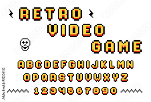 Retro pixel font from old computer video game, 8 bit letters and numbers, pixel alphabet, vector