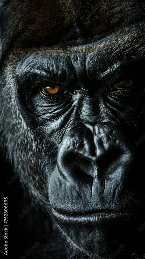 Portrait of a pensive gorilla, dark background. Staring silverback gorilla, black backdrop. Gorilla Portrait, wild animal conservation program Portrait of a pensive gorilla, dark background. Staring silverback gorilla, black backdrop. Gorilla Portrait, wild animal conservation program
