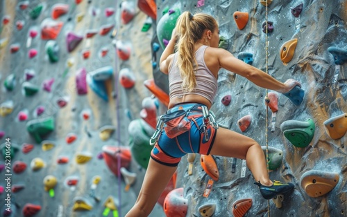 Energetic female athlete trains on indoor rock climbing wall, improving her strength and agility.