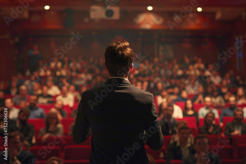 motivational speaker standing on stage in front of audience