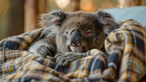 Koala Sleeping Comfortably on a Bed of Blankets, To showcase the adorable and cuddly nature of koalas as popular pets, and to provide a cozy and photo