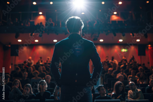 motivational speaker standing on stage in front of audience