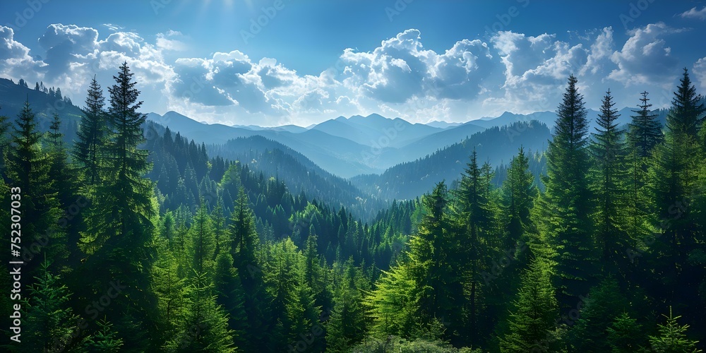 Shrouded in a luscious coniferous forest, the Carpathian Mountains stand beneath a backdrop of brilliant blue skies. Concept Mountain Landscapes, Enchanting Forests, Blue Skies, Carpathian Wonders
