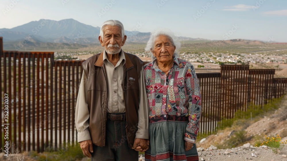 Elderly Mexican couple holding hands while standing before the towering border wall between the USA and Mexico, their expressions mixed with hope and nostalgia.