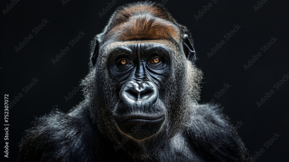 Portrait of a pensive gorilla, dark background. Staring silverback gorilla, black backdrop. Gorilla Portrait, wild animal conservation program Portrait of a pensive gorilla, dark background. Staring silverback gorilla, black backdrop. Gorilla Portrait, wild animal conservation program