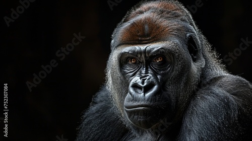 Portrait of a pensive gorilla, dark background. Staring silverback gorilla, black backdrop. Gorilla Portrait, wild animal conservation program