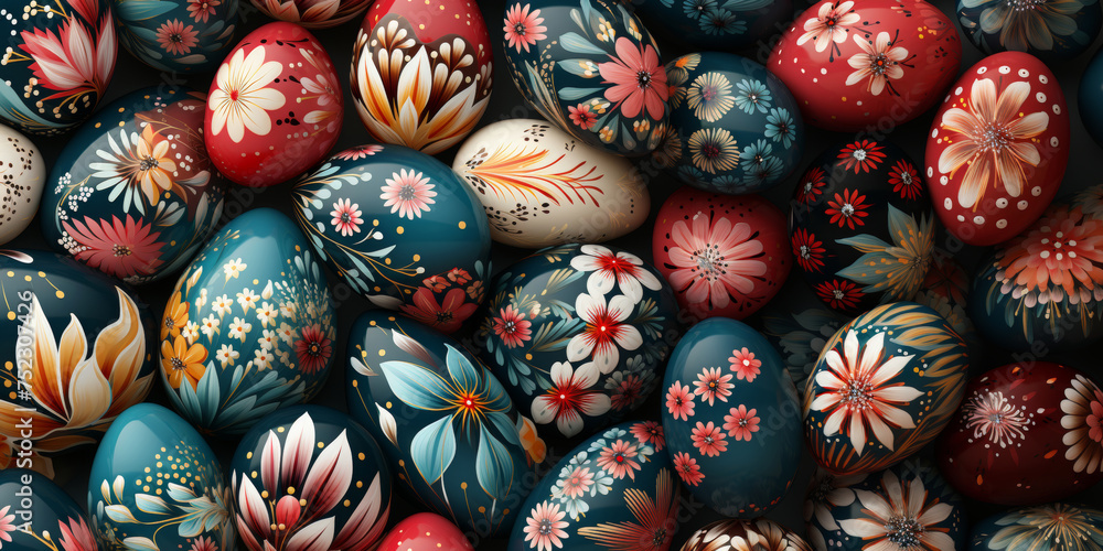 An array of intricately painted Easter eggs showcasing floral patterns. An array of intricately painted Easter eggs showcasing floral patterns.