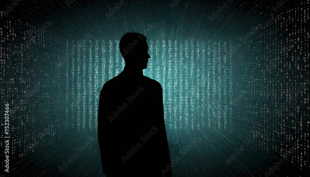 Futuristic banner, silhouette of a man in a blue color background with a backdrop of digital binary cording and backlit effect, bright light to highlight the shape of person  