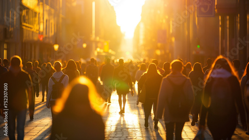 Crowds of people walking in the middle of the city at sunset