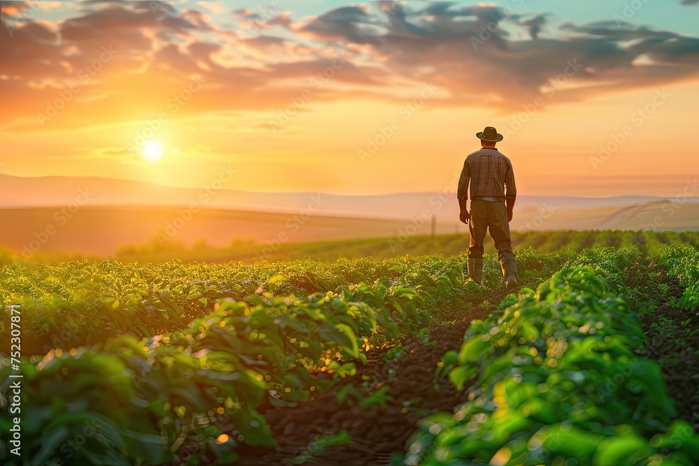 A farmer inspecting organic crops at sunrise in a green field