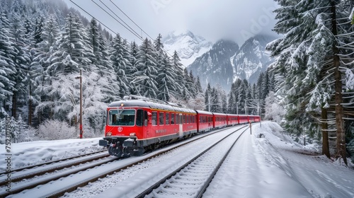 A vivid red train moving through a serene Swiss winter landscape - AI Generated Digital Art