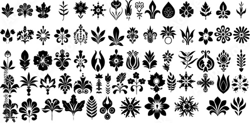 Vector Illustration Set Of Abstract Silhouettes Of Black Flowers, Plants And Decorations On An Uniform White Background. Minimalist Flowers Decorations Collection