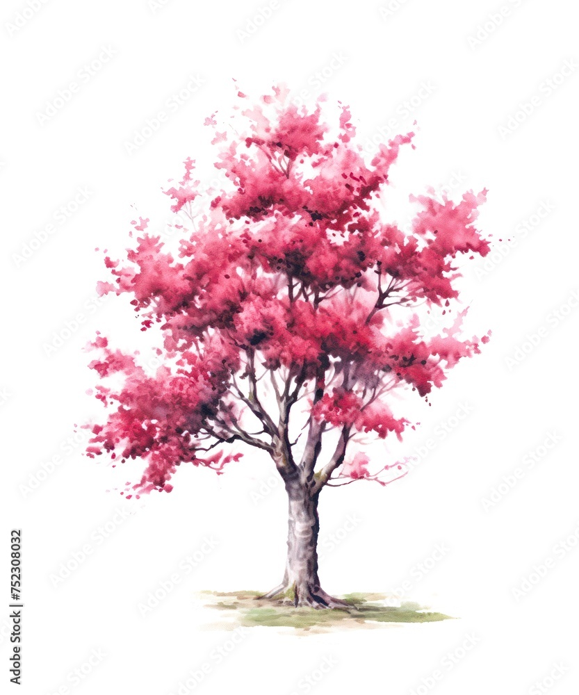 Watercolor illustration of a blooming cherry tree isolated on white background.