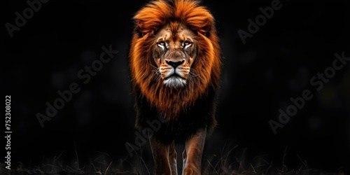 Confident male lion struts powerfully against a stark black backdrop. Concept Wildlife Photography  Animal Behavior  Dramatic Contrast  Nature Portrait