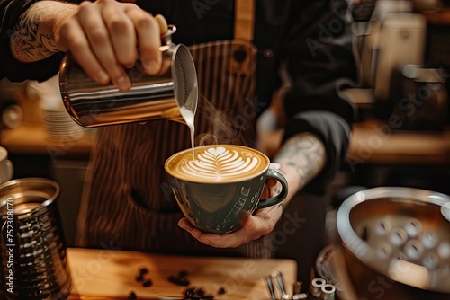 A barista creating latte art in a cozy independent coffee shop