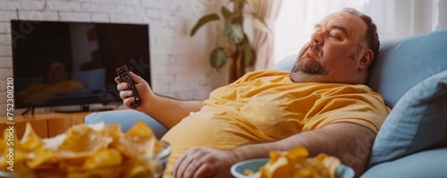 An overweight man is lying on the couch, holding the TV remote control in his hand, chips in a bowl next to him.
