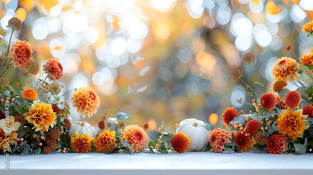 A table adorned with an abundance of colorful flowers and pumpkins in a whimsical and festive display - obrazy, fototapety, plakaty 